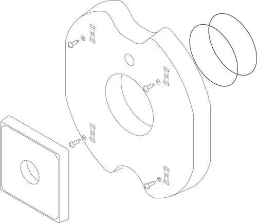 Darstellung von Komponenten eines BOSCH Wärmeschutzsystems, bestehend aus einer Hauptplatte mit Ausschnitten und Schrauben sowie einer quadratischen Platte und zwei Ringen.